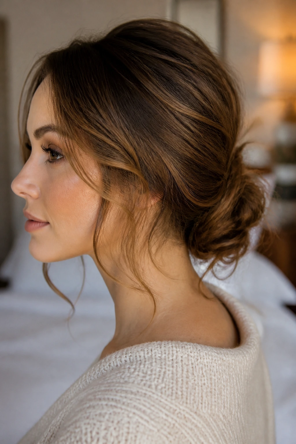 Back-of-head view of a real woman with a loose messy chignon