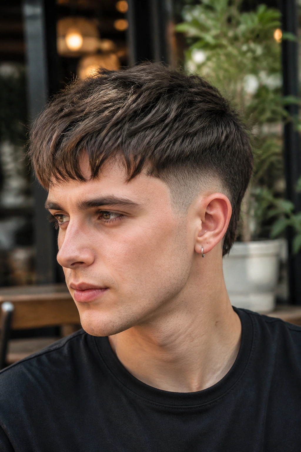 Close-up of a man with a messy crop and dropped fade in a cafe patio setting.