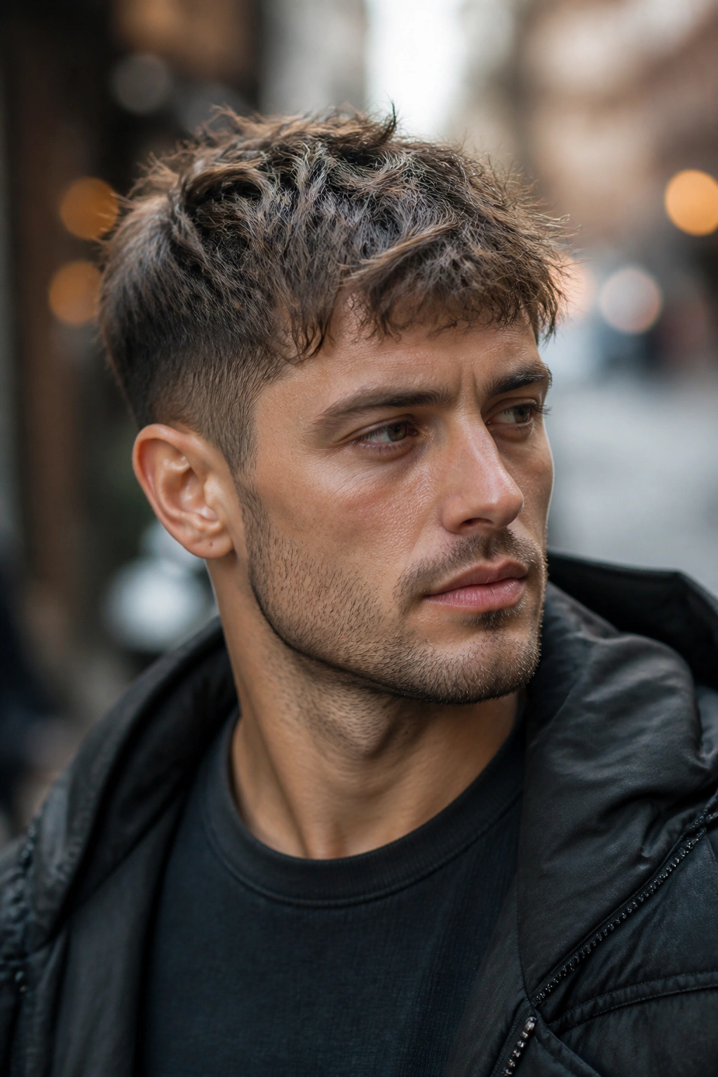Close-up of a man with a messy crop and layered top texture in an urban setting.