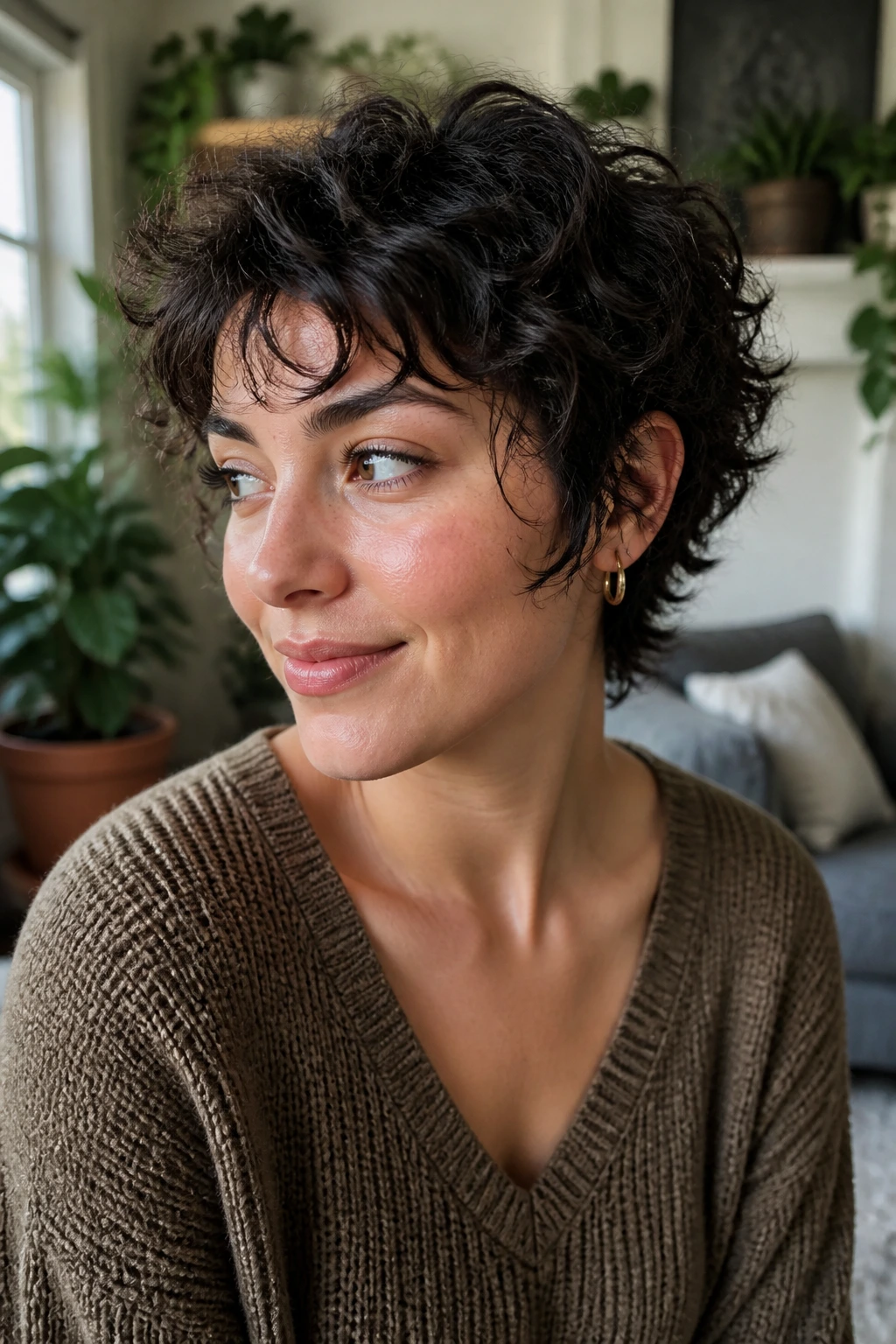Close-up portrait of a real woman with a messy crop and piecey ends