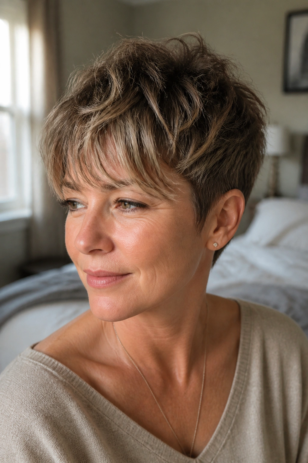 Close-up portrait of a real woman with a messy crop and wispy fringe