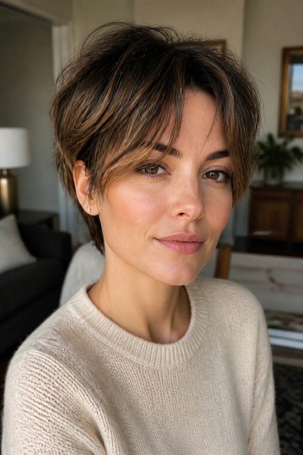 Close-up of real person with messy curtain-bangs pixie in a cozy living room