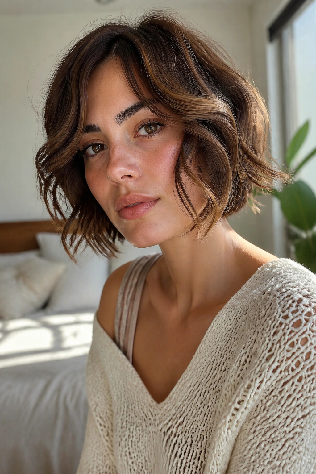 Real woman with messy curved bob and S-curves in natural light