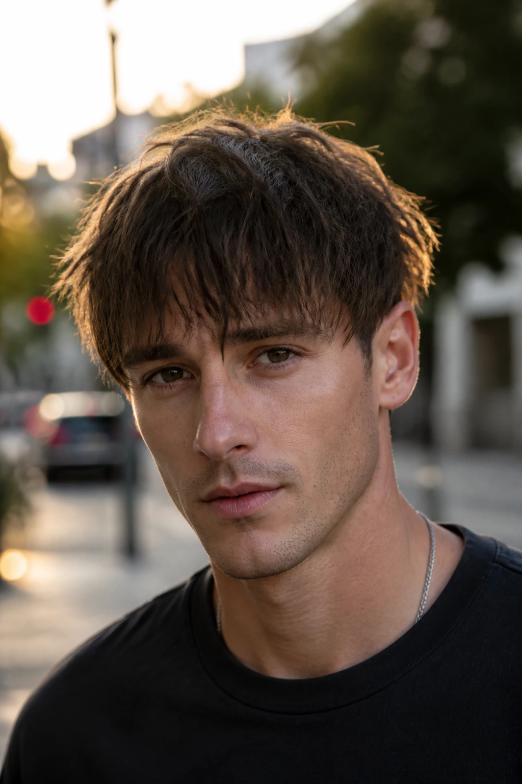 Real man with messy forward fringe outdoors