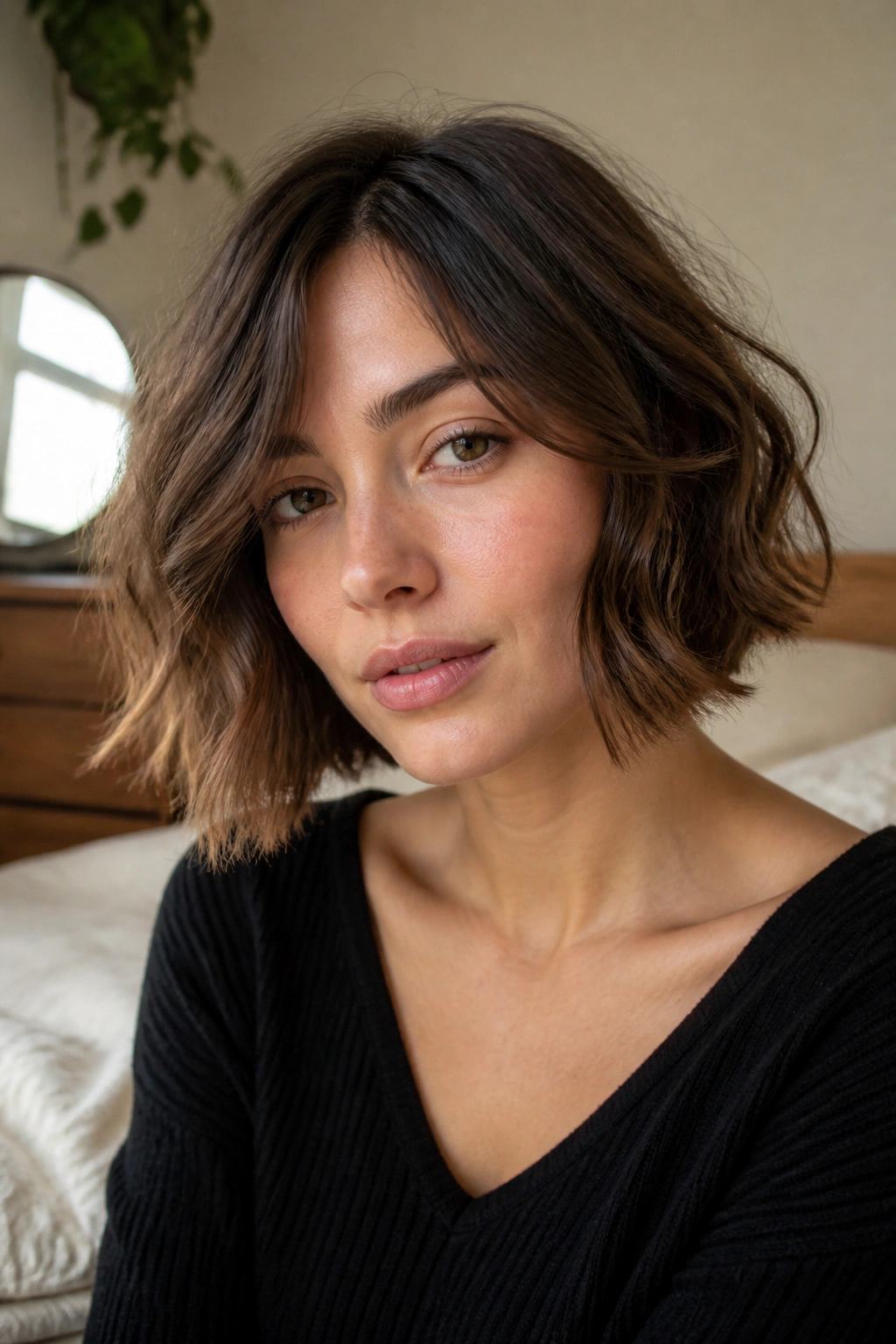 Close-up of a real woman with a messy French bob and soft bend just below the jaw.