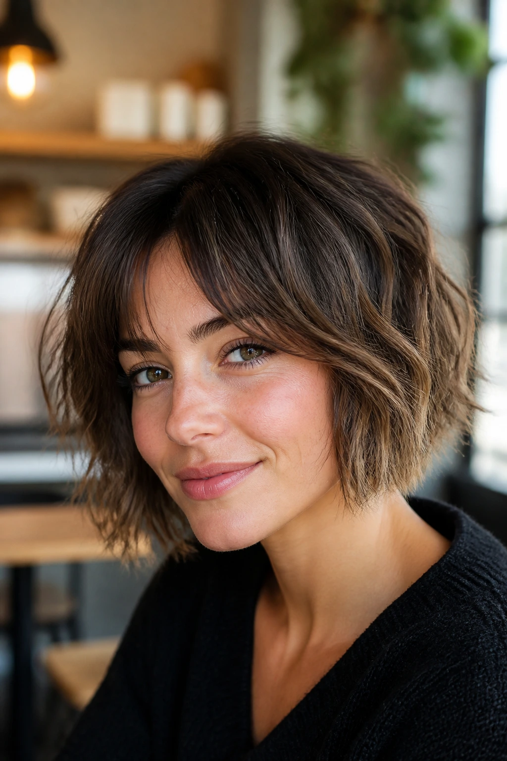 Real woman with messy French bob and choppy ends in cozy cafe lighting