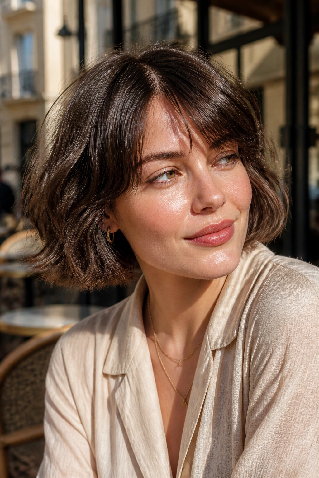 Portrait of a woman with a messy French bob in a sunlit outdoor cafe setting.