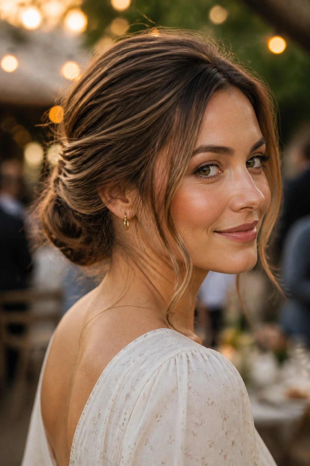 Close-up portrait of a real woman with a messy French chignon and loose pieces in a garden setting
