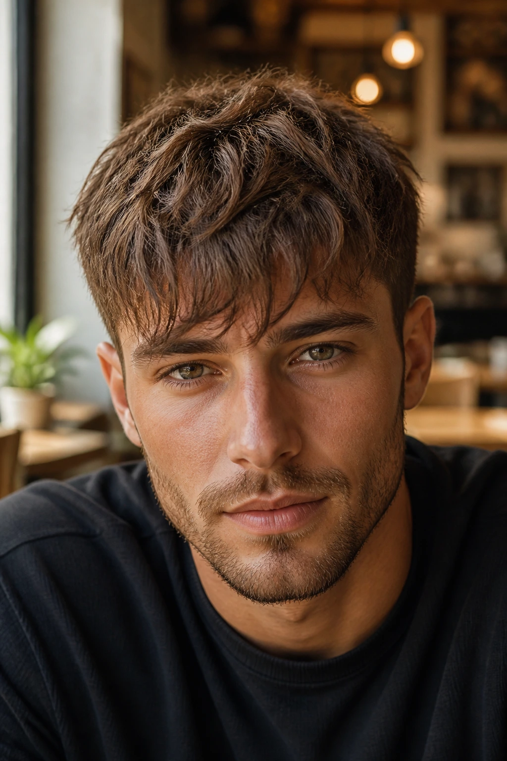 Close-up of Messy Fringe hairstyle on a real man in a cozy cafe setting.