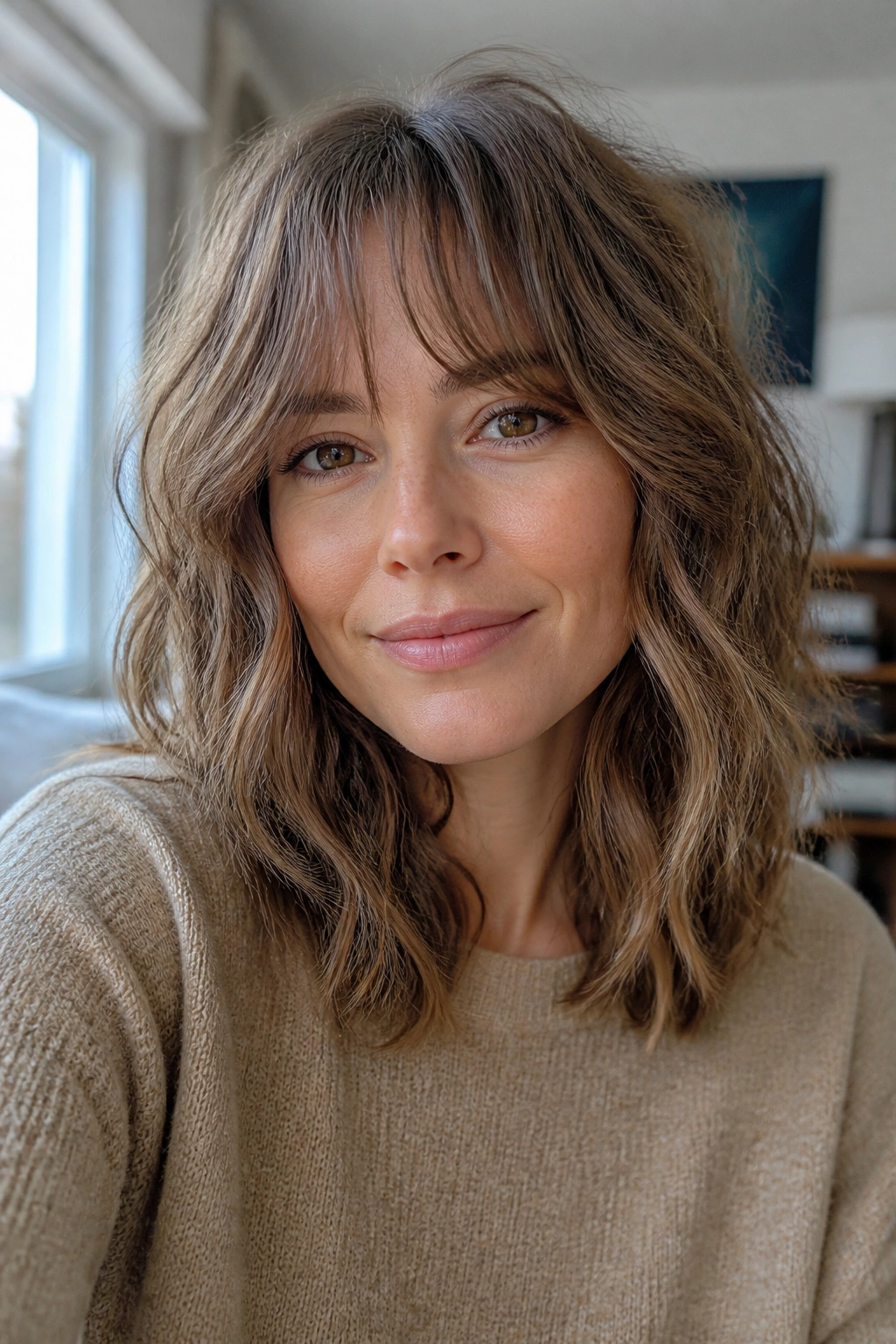 Portrait of a real person with a messy fringe midi and natural finish