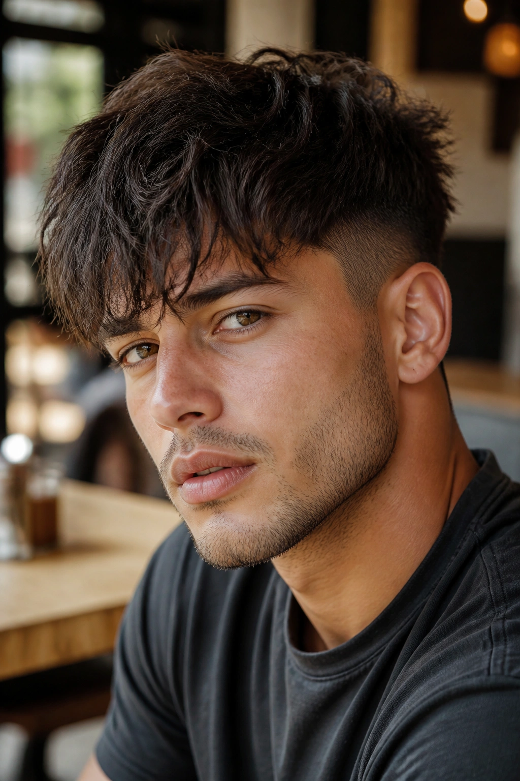 Close-up portrait of a man with messy fringe undercut in warm cafe lighting