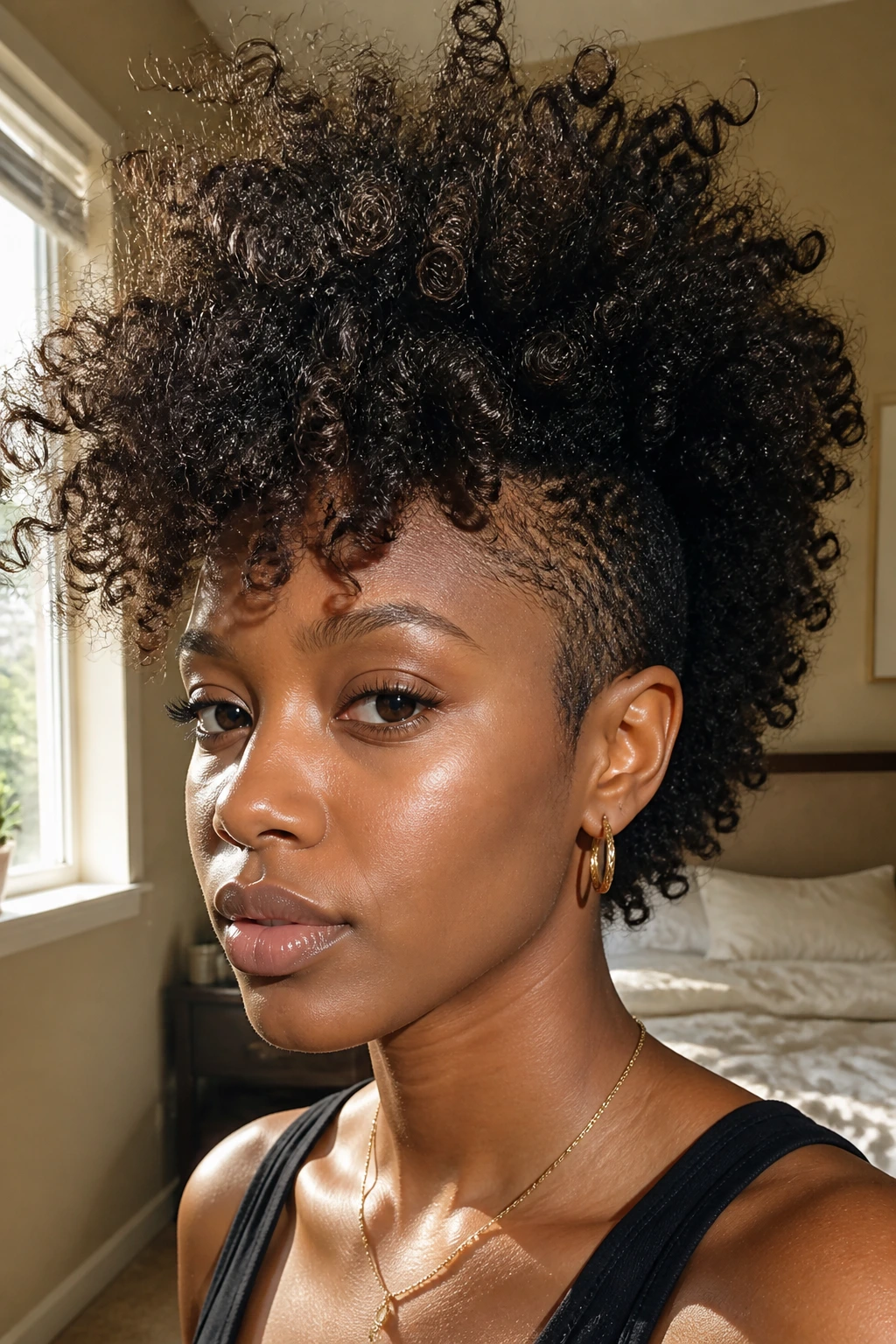 Close-up of a real woman with a voluminous, messy frohawk