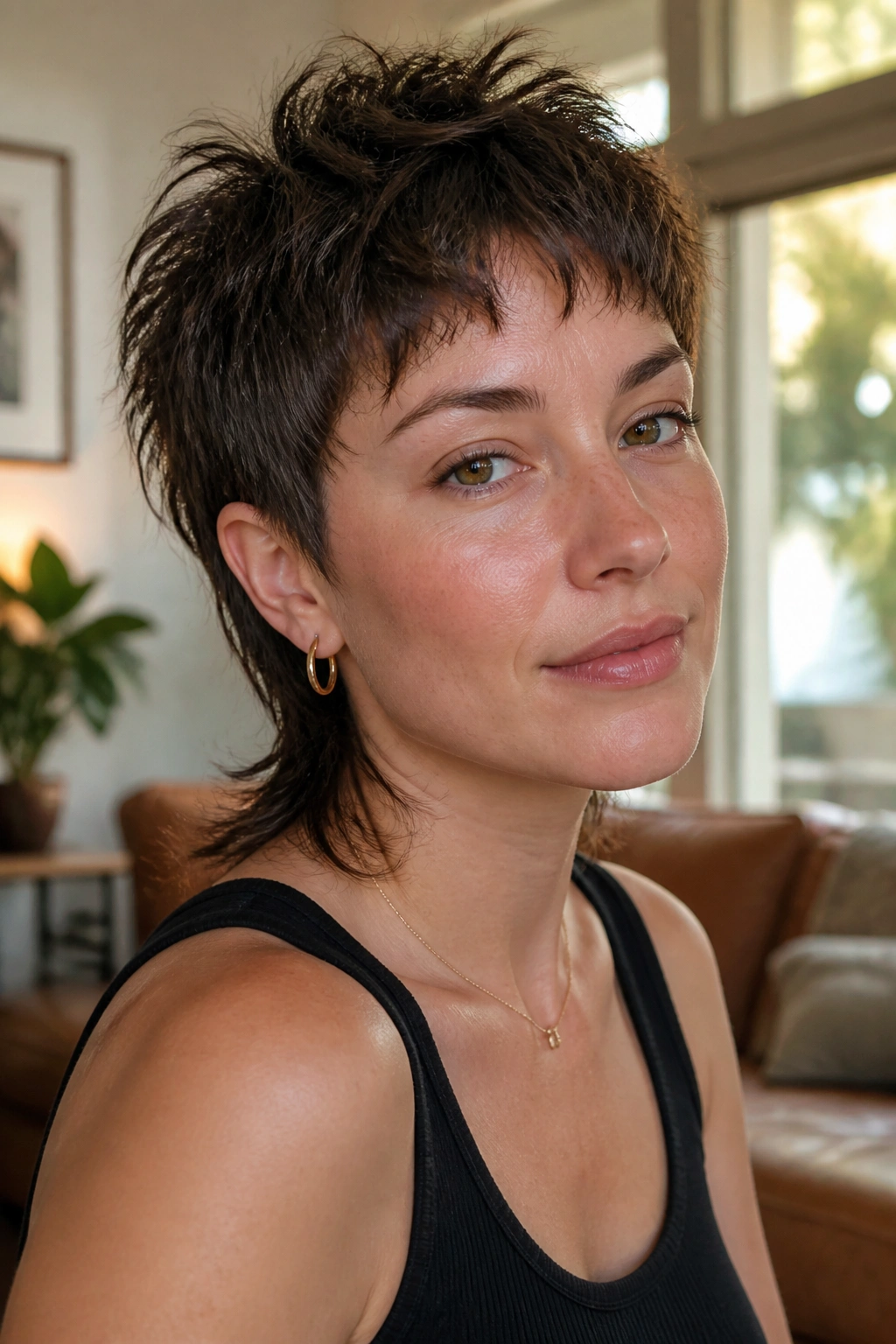 Close-up of a real woman with a messy mullet-inspired fringe on short hair
