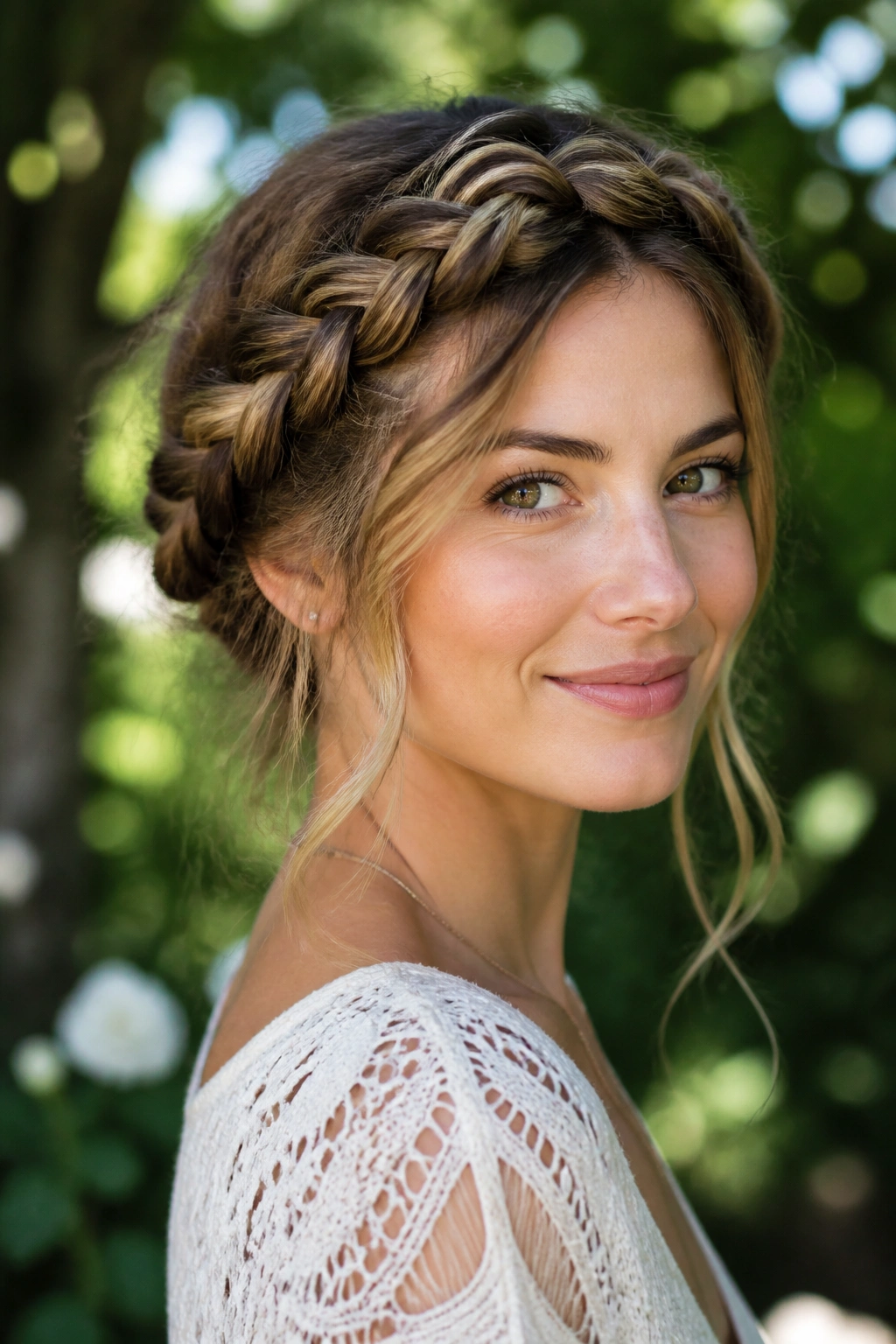 Close-up of woman with a messy halo braid around her head