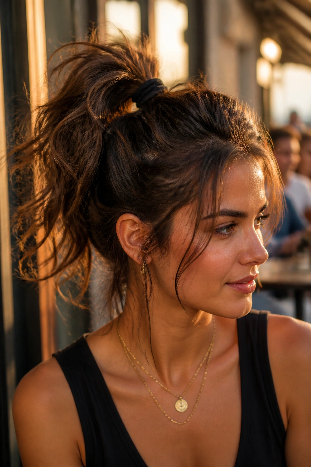Close-up of messy high ponytail with texture on a real woman in a street-side cafe