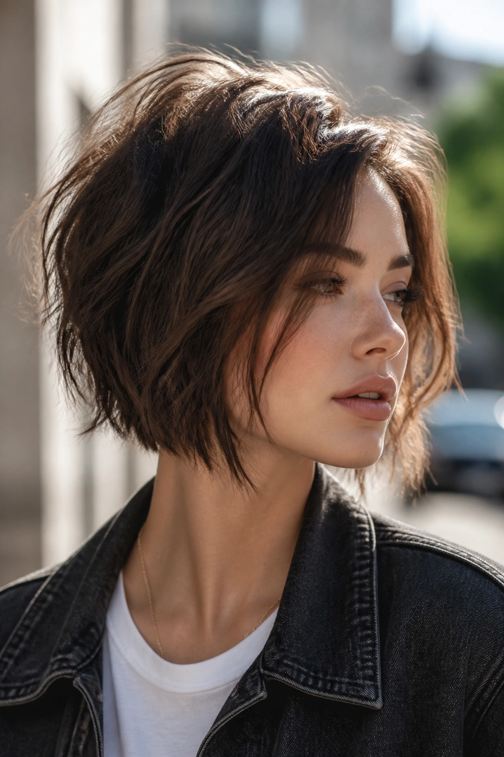 Close-up of a real woman with a messy inverted bob and choppy layers