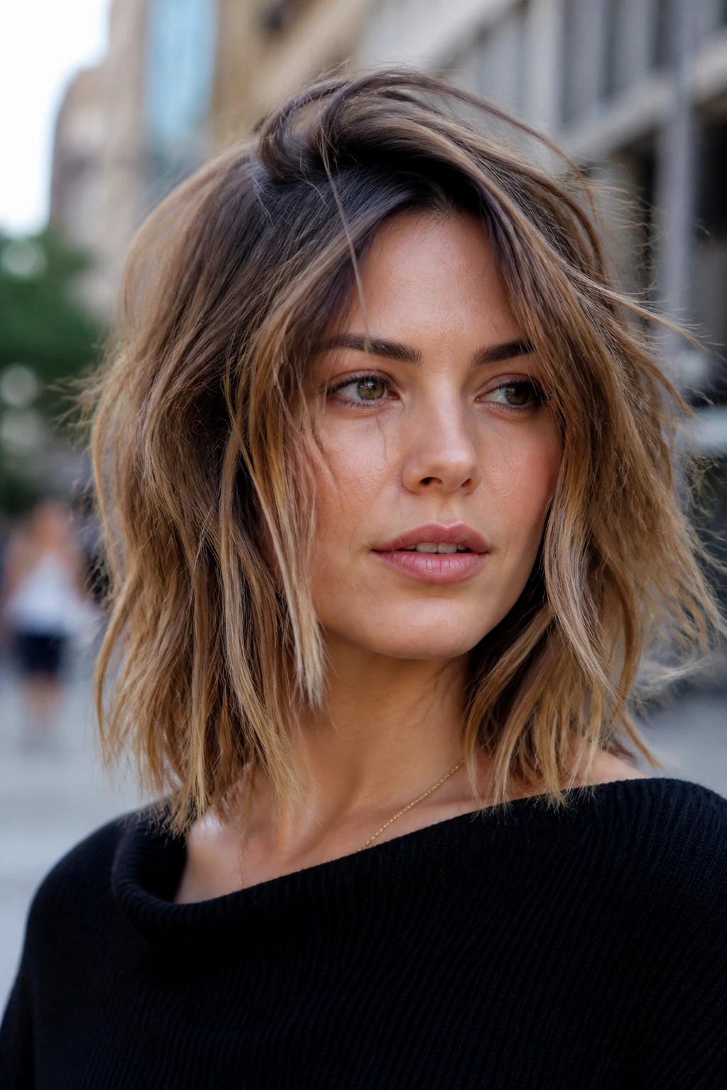 Portrait of a real woman with a messy lob and root lift