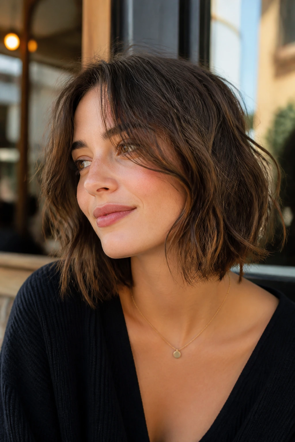 Close-up of a real woman with a messy French-Girl Lob around the jaw to collarbone in sunlit cafe setting