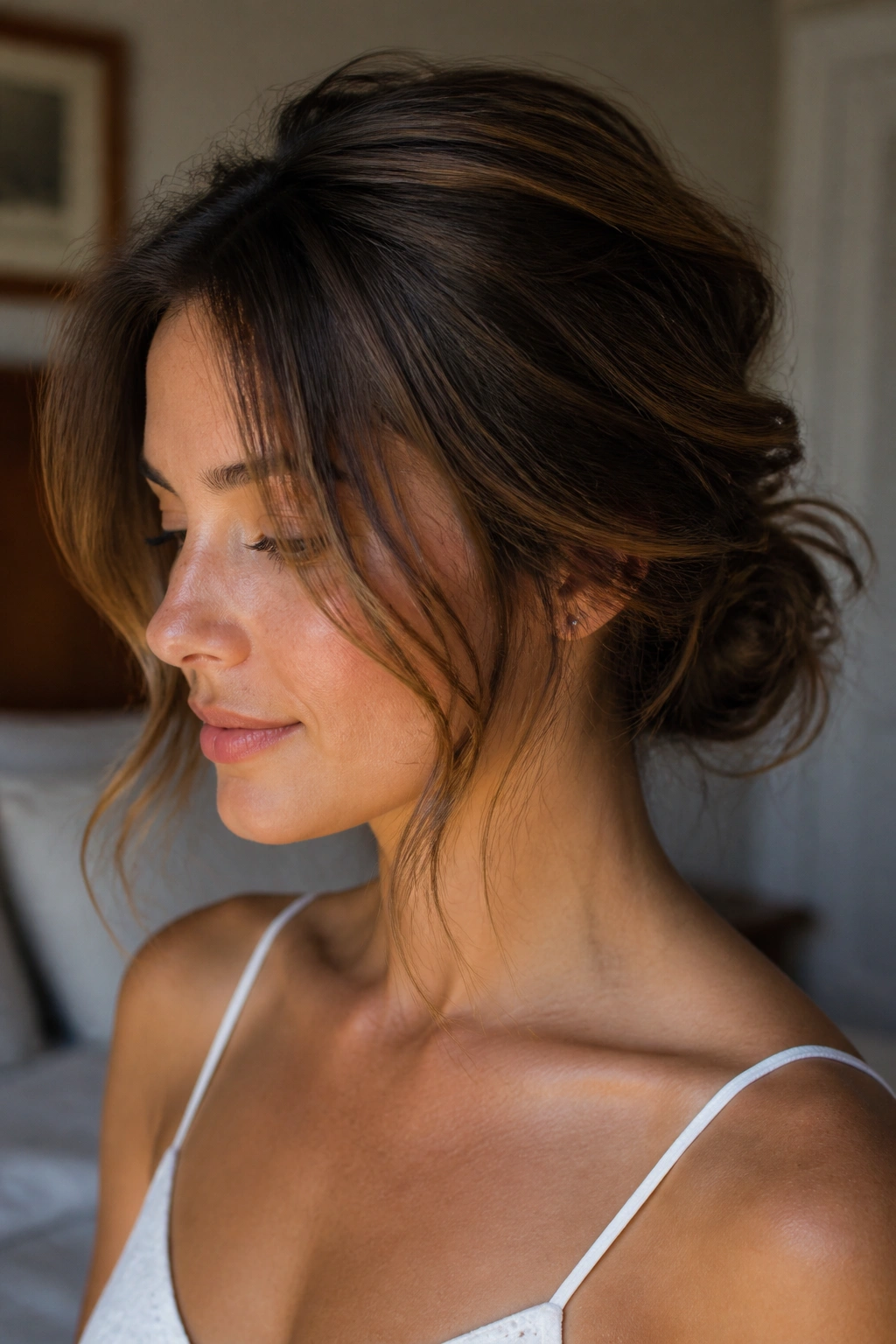 Close-up of a woman with a messy low bun and face-framing pieces.
