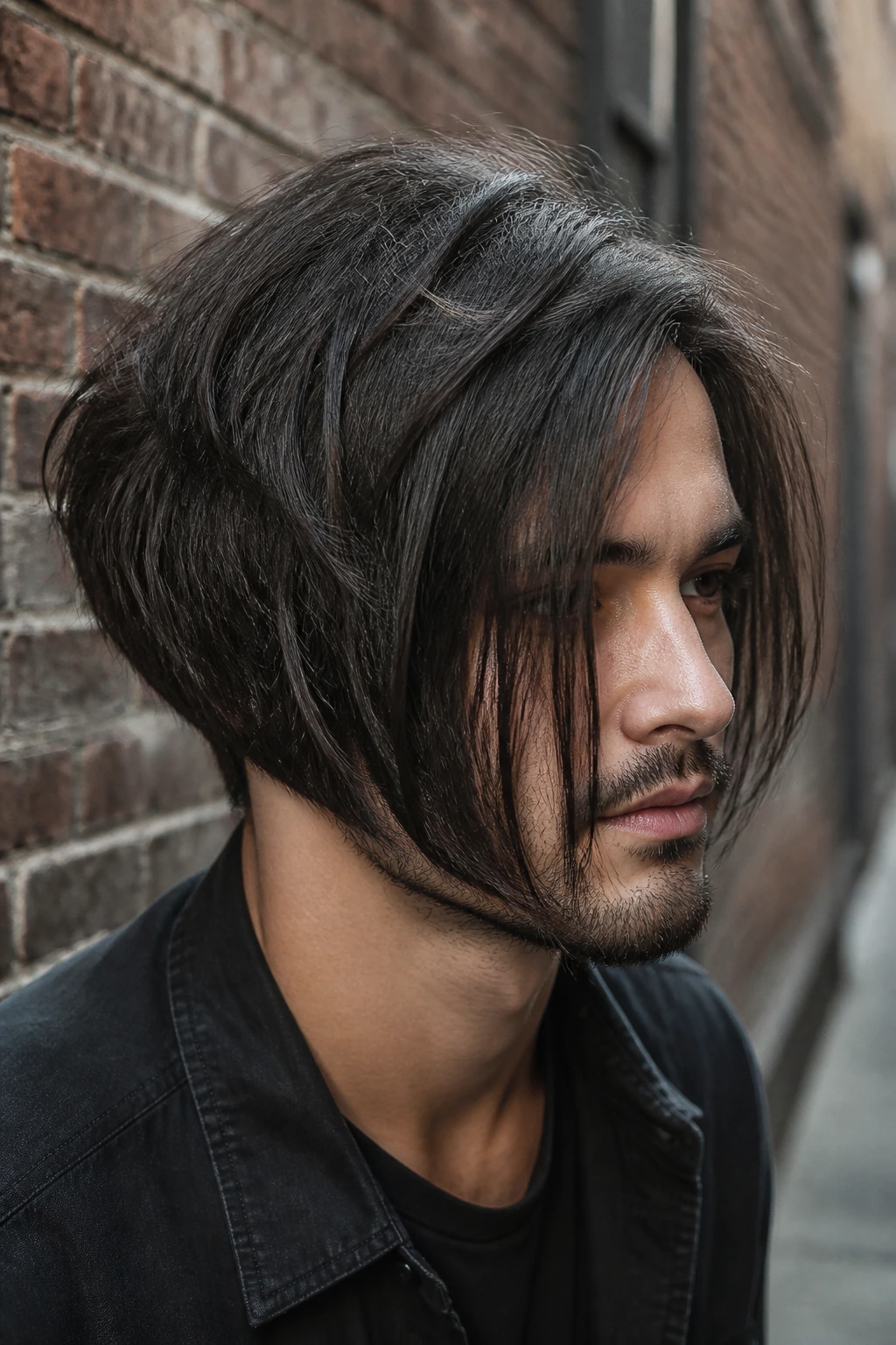 Close-up of a man with messy matte inverted bob against a brick alley