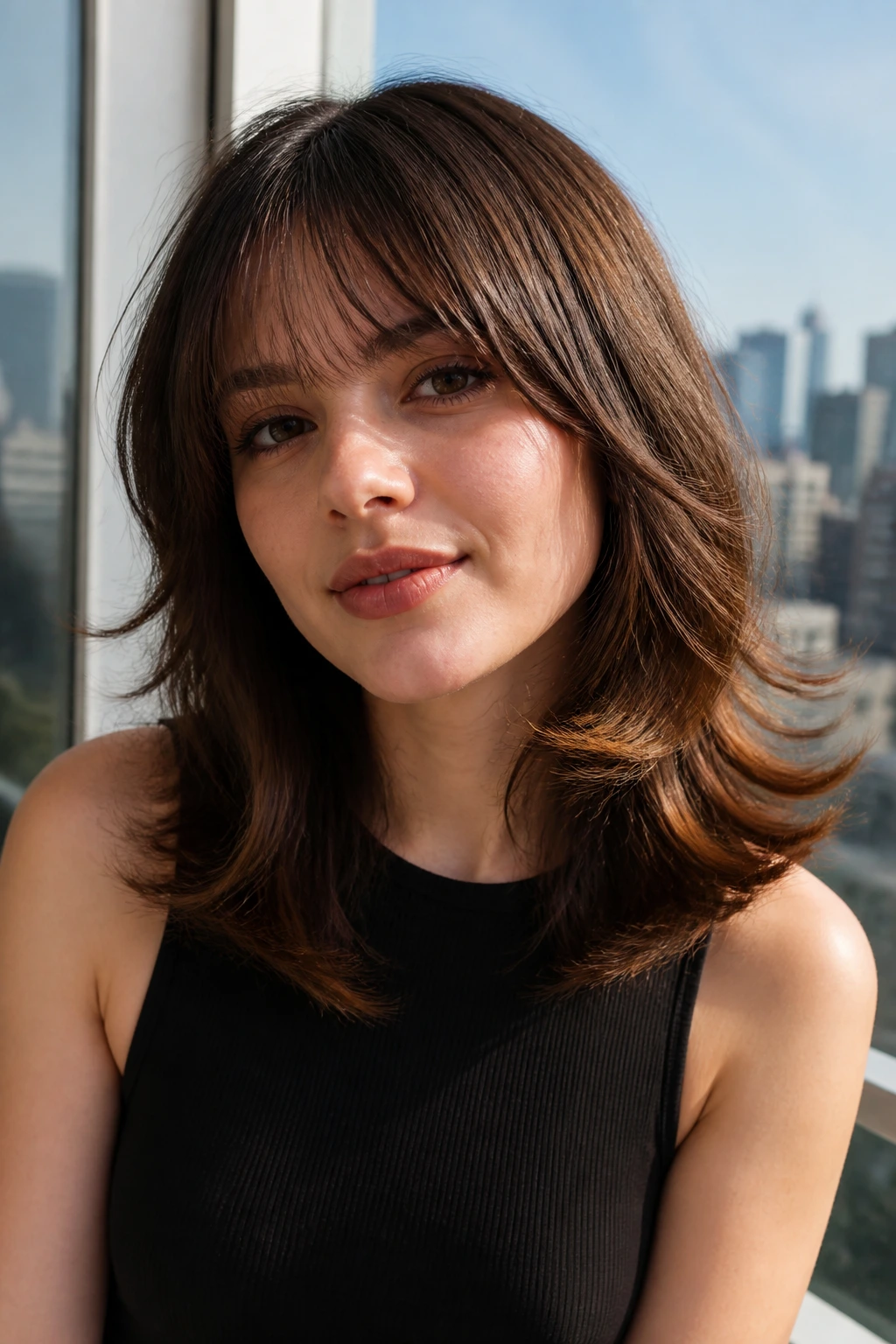 Close-up of a real woman with a messy layered midi cut and flipped ends in natural daylight