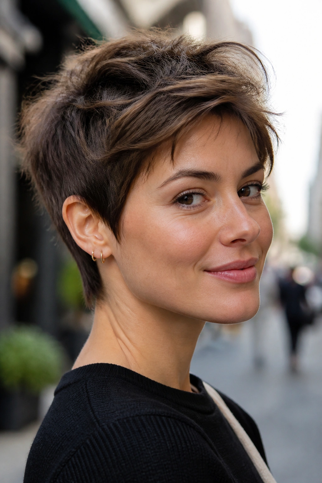 Portrait of a woman with a messy pixie and longer top layers in daylight.