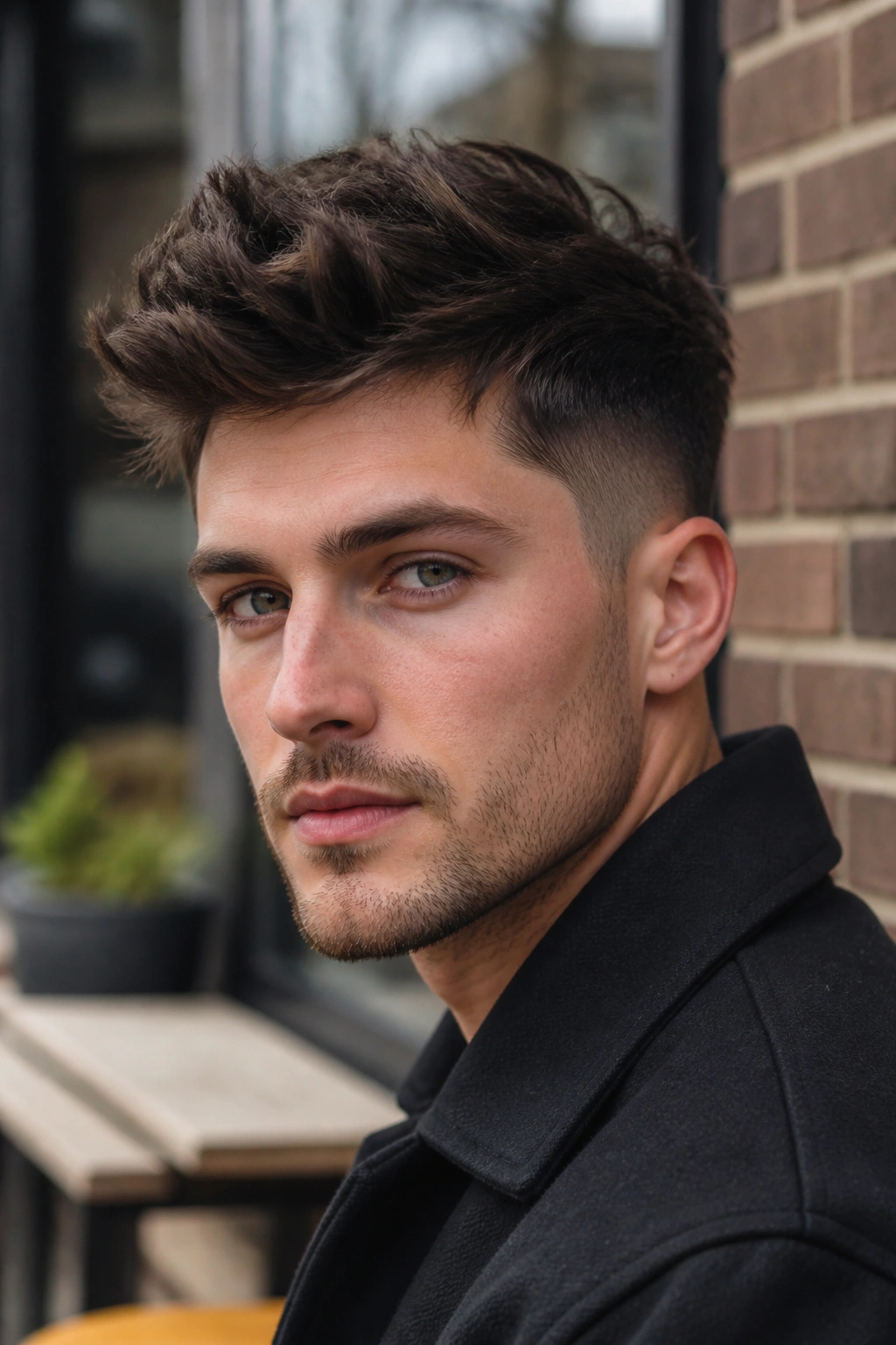 Close-up portrait of a real man with a messy quiff crop and close sides in golden hour light
