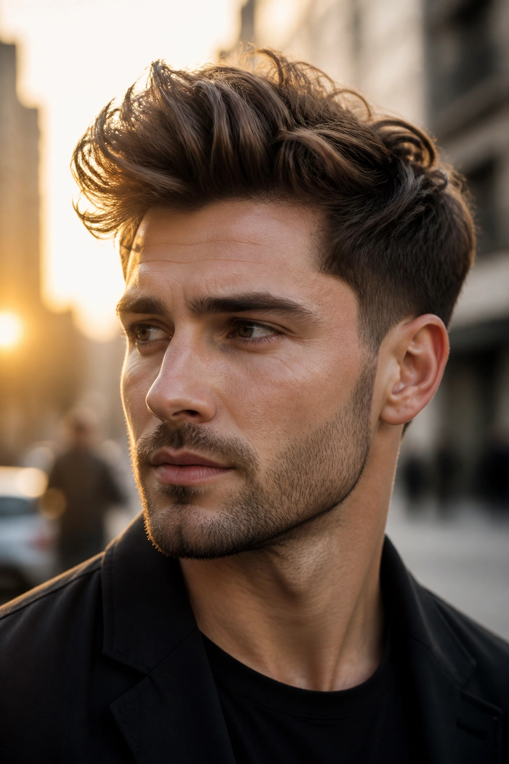 Close-up portrait of a man with a textured messy quiff showing movement