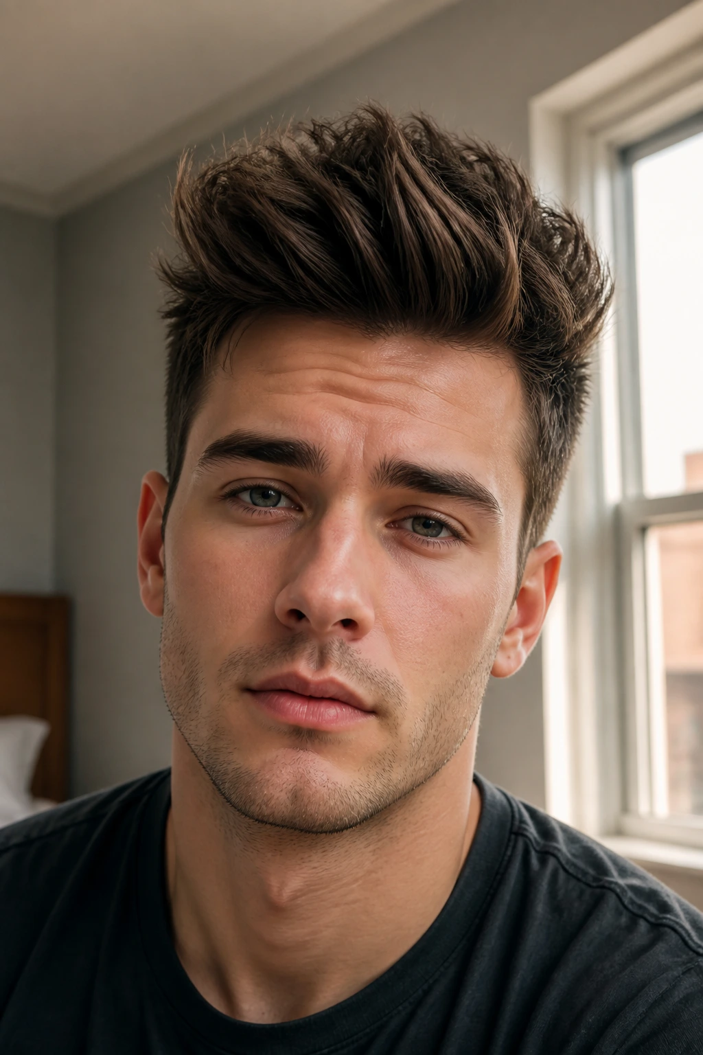 Close-up portrait of a man with a messy quiff and high side height in a softly lit bedroom.