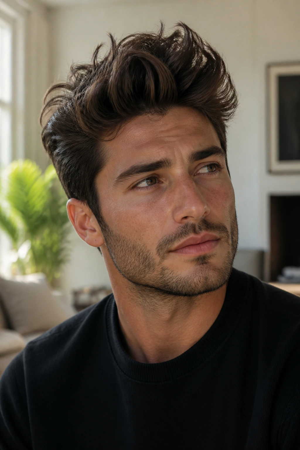 Close-up of a man with a messy quiff hairstyle