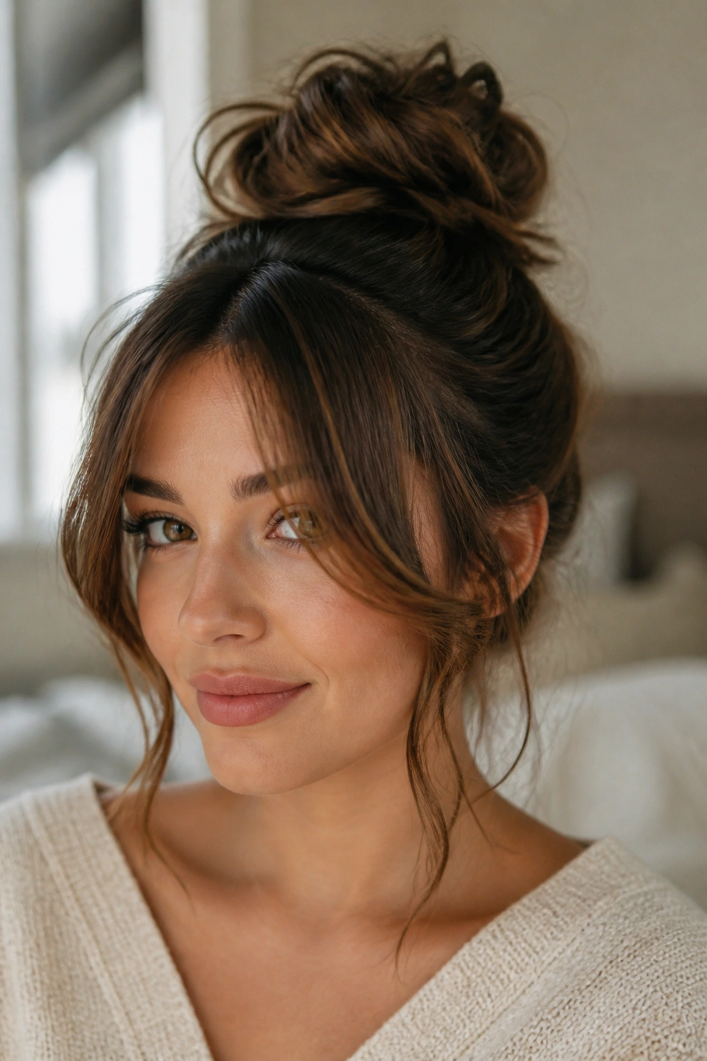 Close-up of a real woman with a messy rose bun and curtain bangs in a cozy bedroom