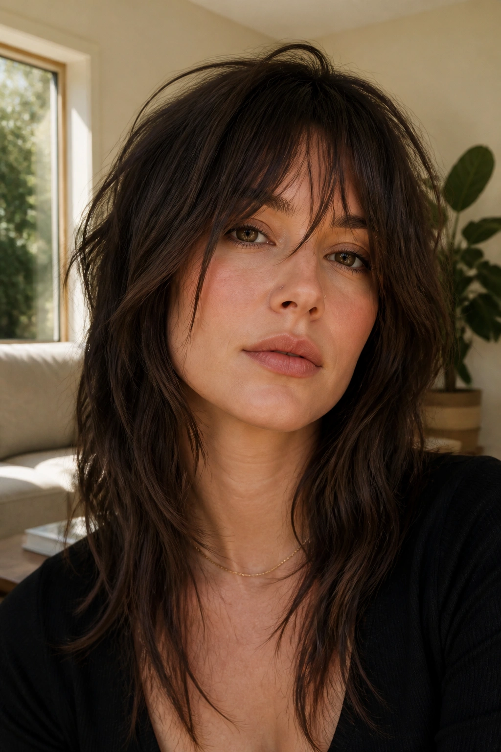 Close-up of a real person with a messy shag and long pieces for vertical movement