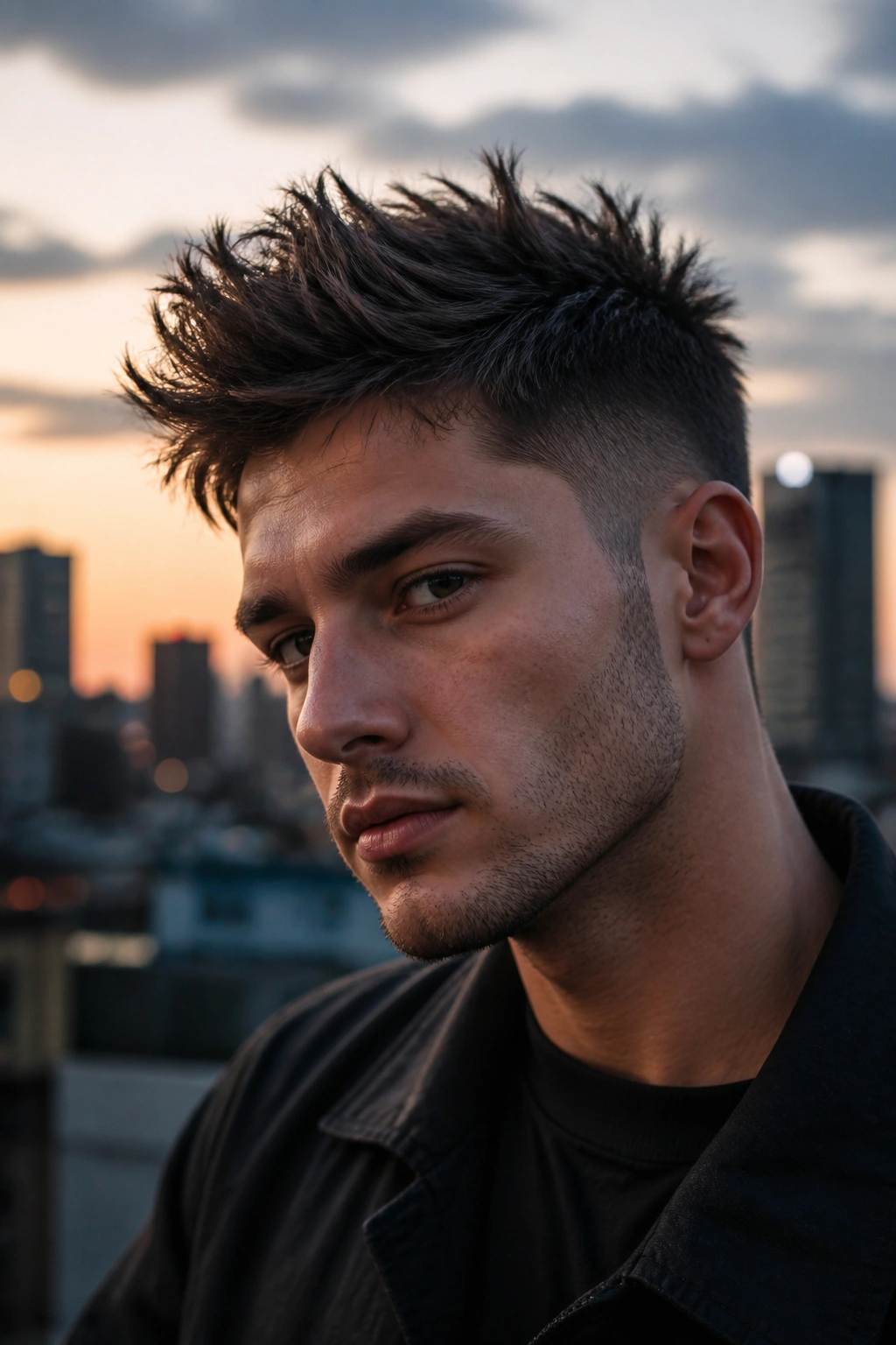 Close-up portrait of a real person with messy spikes hairstyle.