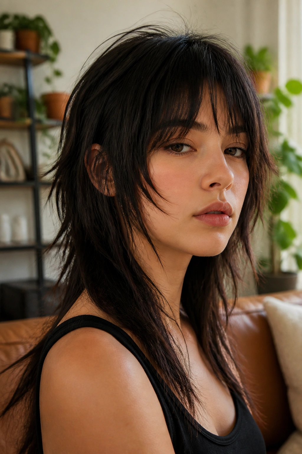 Close-up portrait of a real person with a messy straight wolf cut