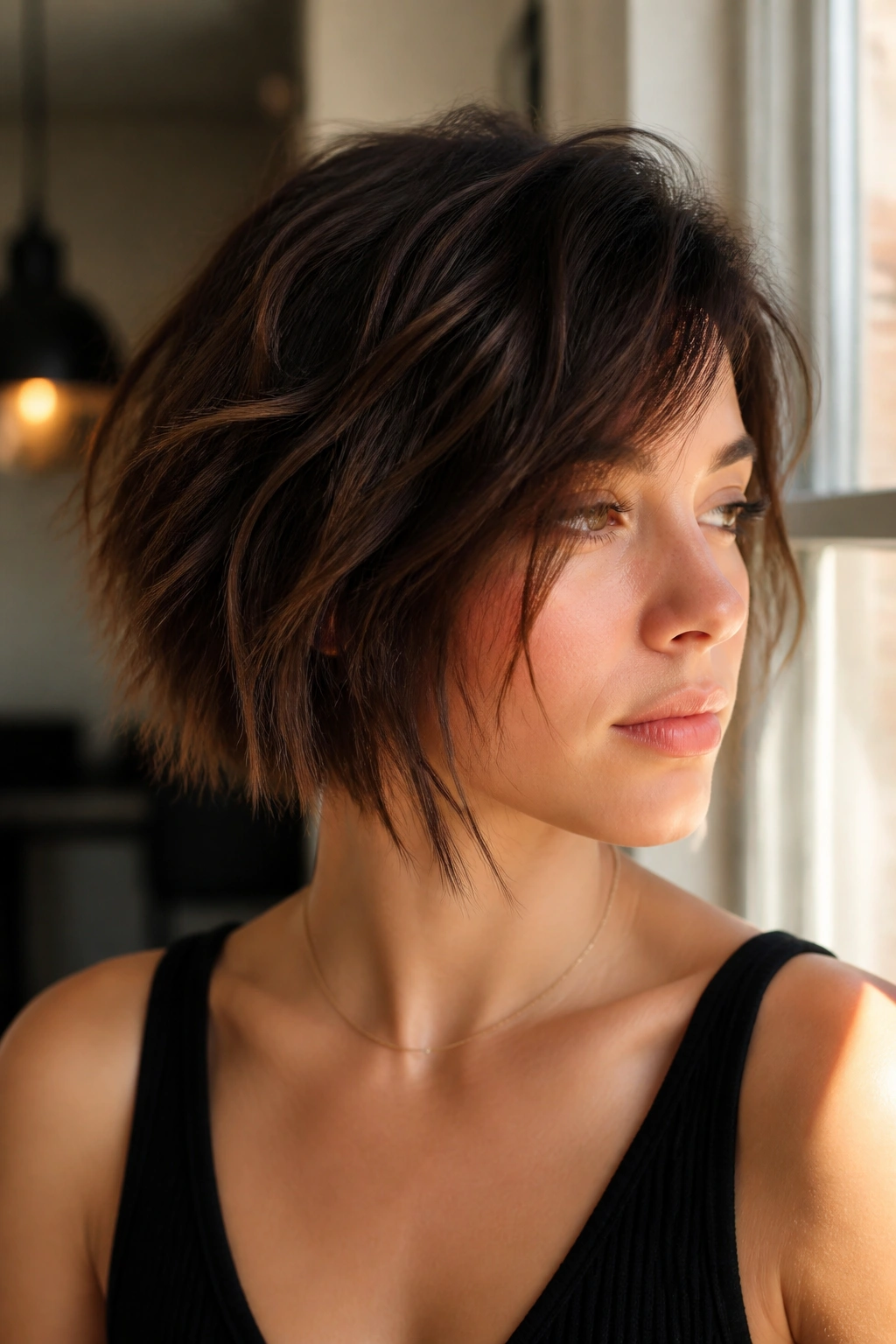 Close-up of a real woman with a messy textured bob and piecey ends in a sunlit room.