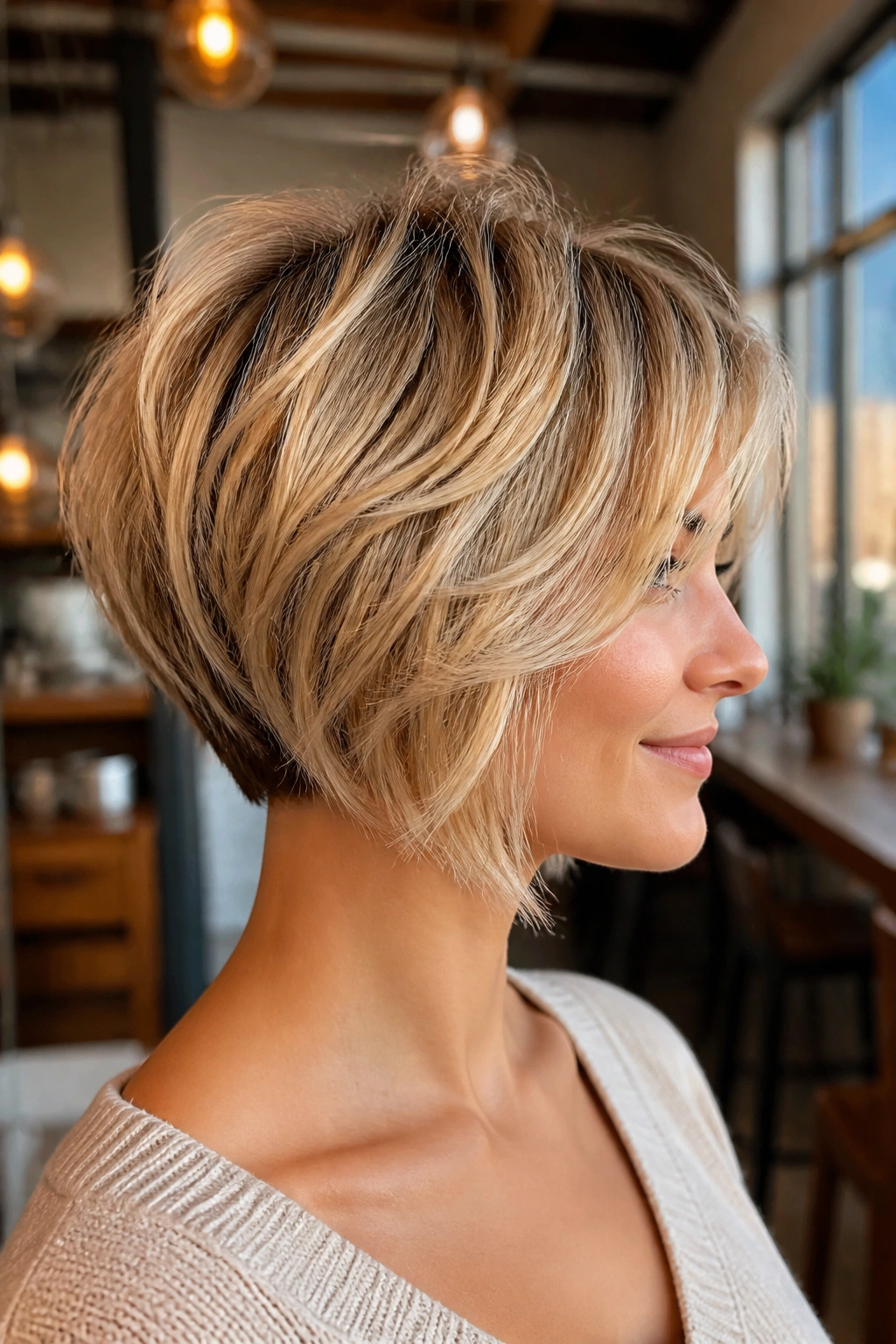 Portrait of real person with messy textured stacked bob