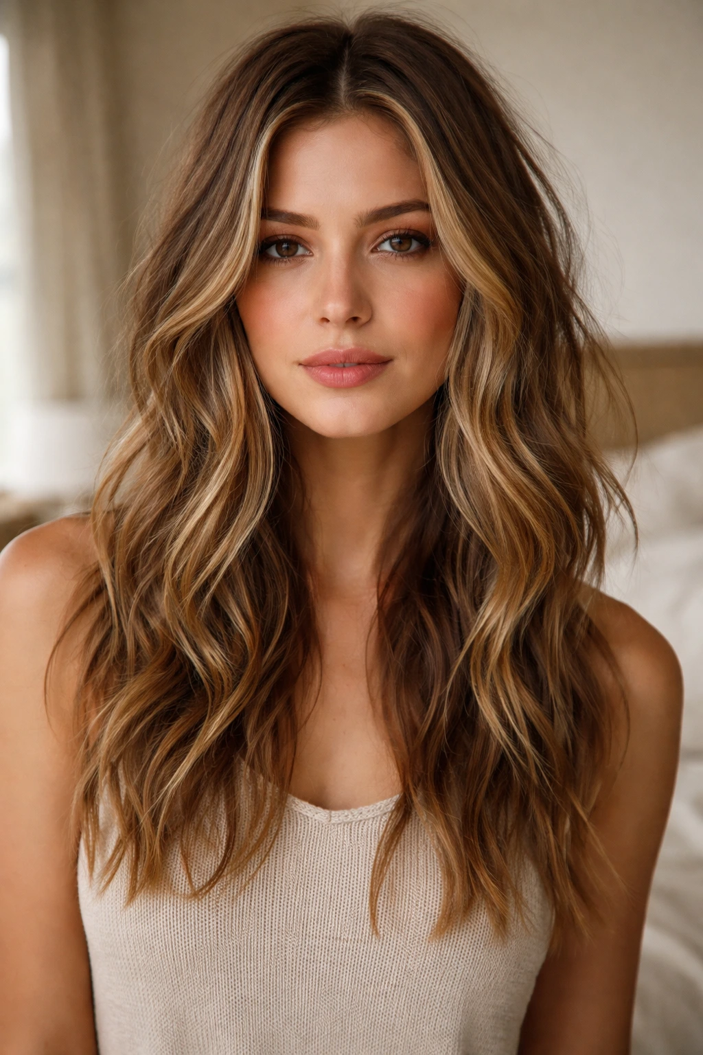 Close-up of a real woman with messy textured waves in straight hair, warm window light