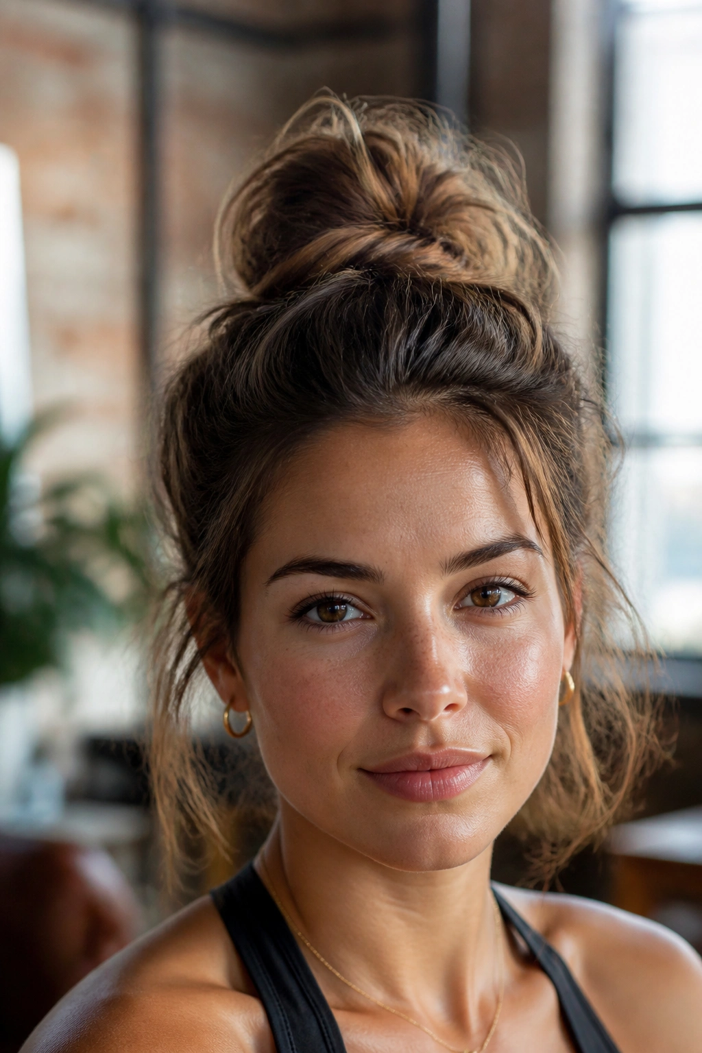 Close-up of a real woman with a messy high top knot and loose strands around the ears
