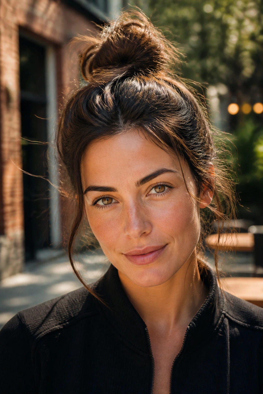 Close-up of a real woman with a high messy top knot in sunny outdoor setting
