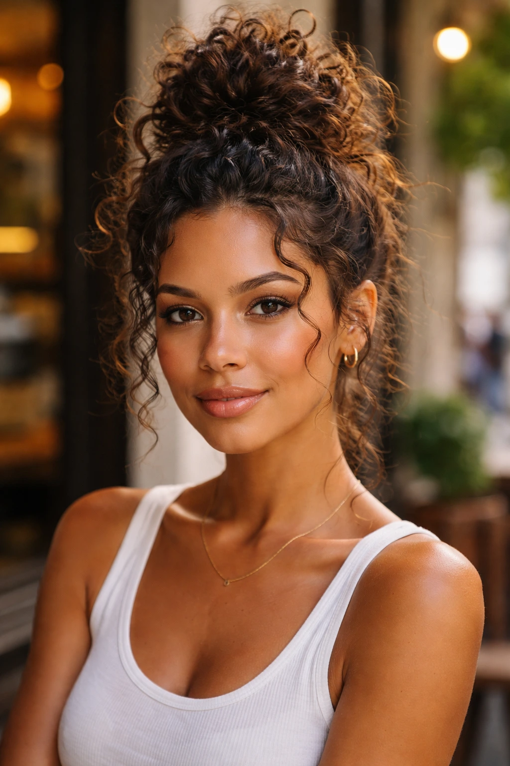 Close-up of a real woman with a messy top knot on top of her head, curls surrounding the knot