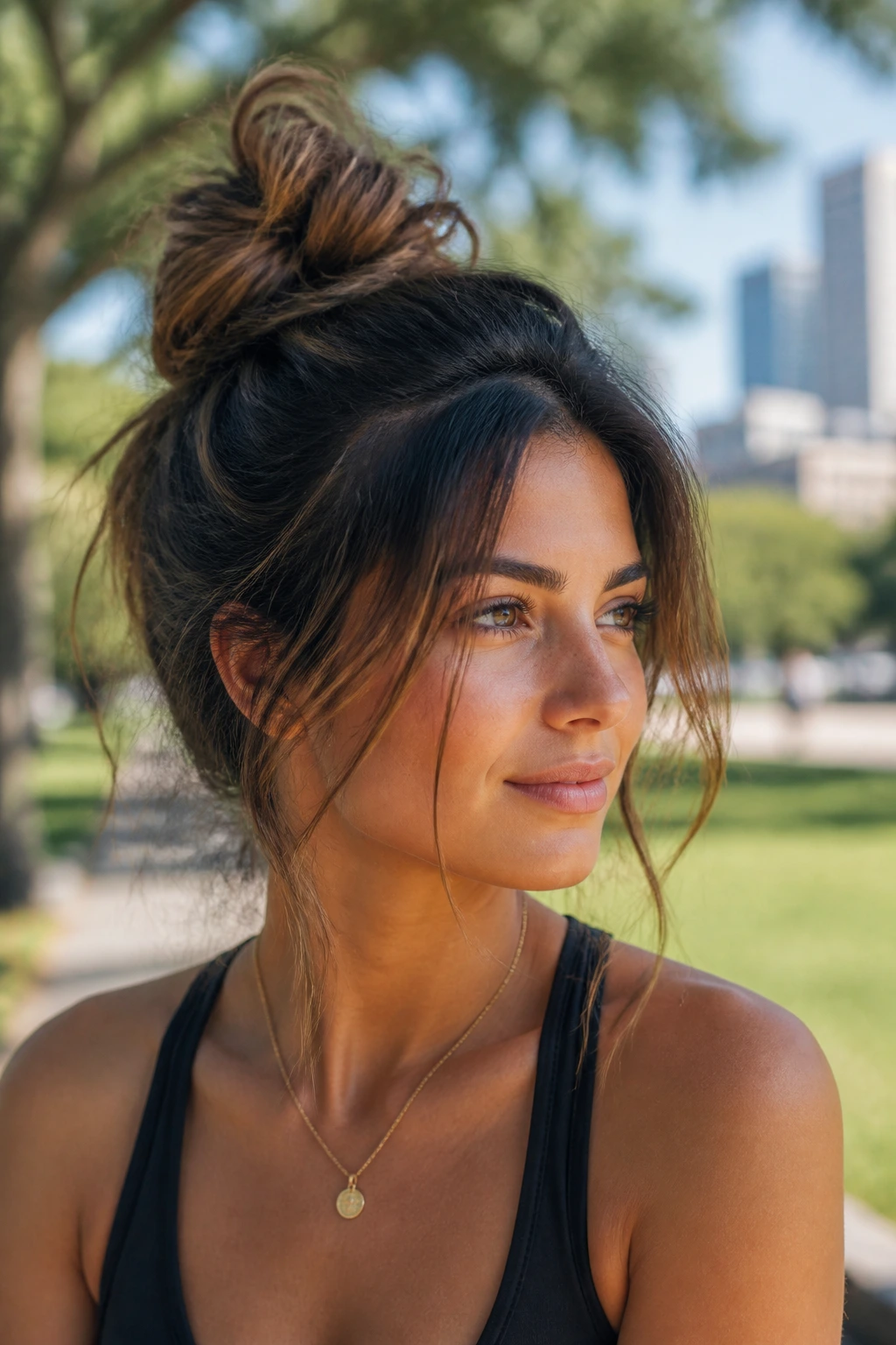 Close-up of a real woman with a messy top knot and face-framing pieces