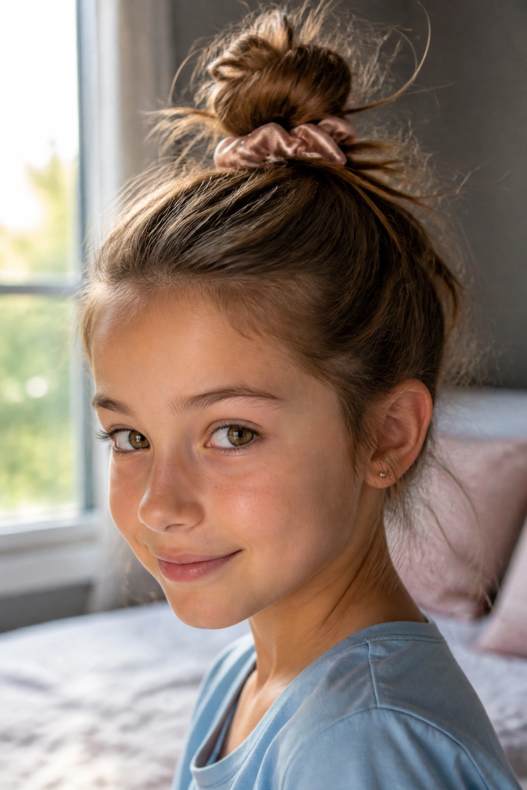 Real girl with a casual messy top knot in a softly lit bedroom