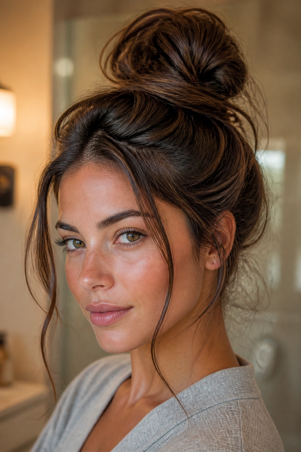 Close-up messy top knot with loose face pieces on a real woman