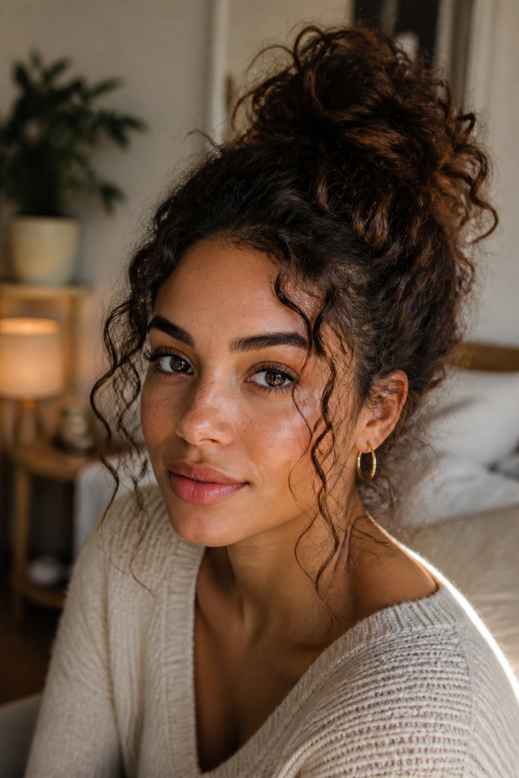Close-up of a real woman with a messy top knot and loose tendrils around the face.