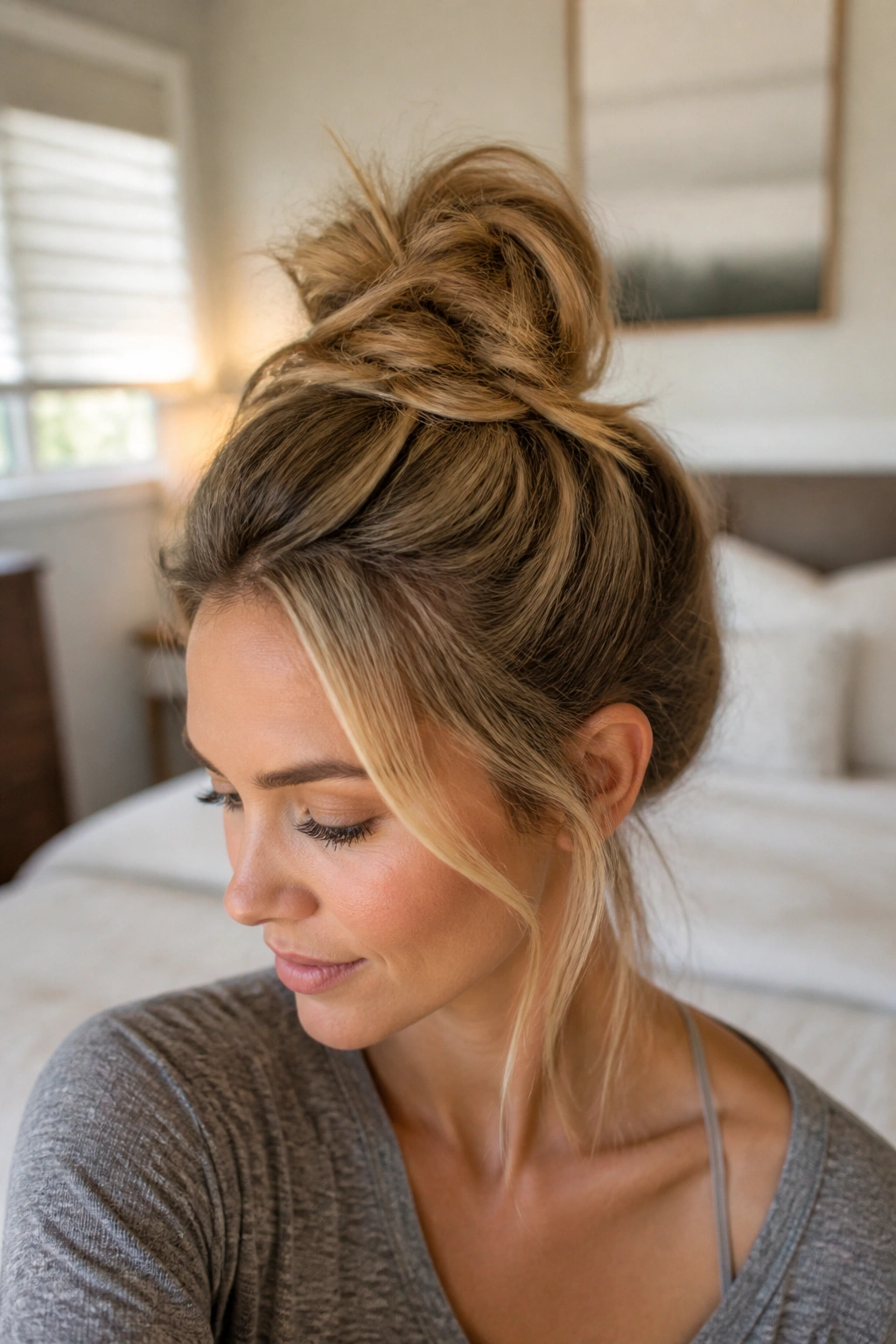 Close-up portrait of a real person with a messy piecey top knot