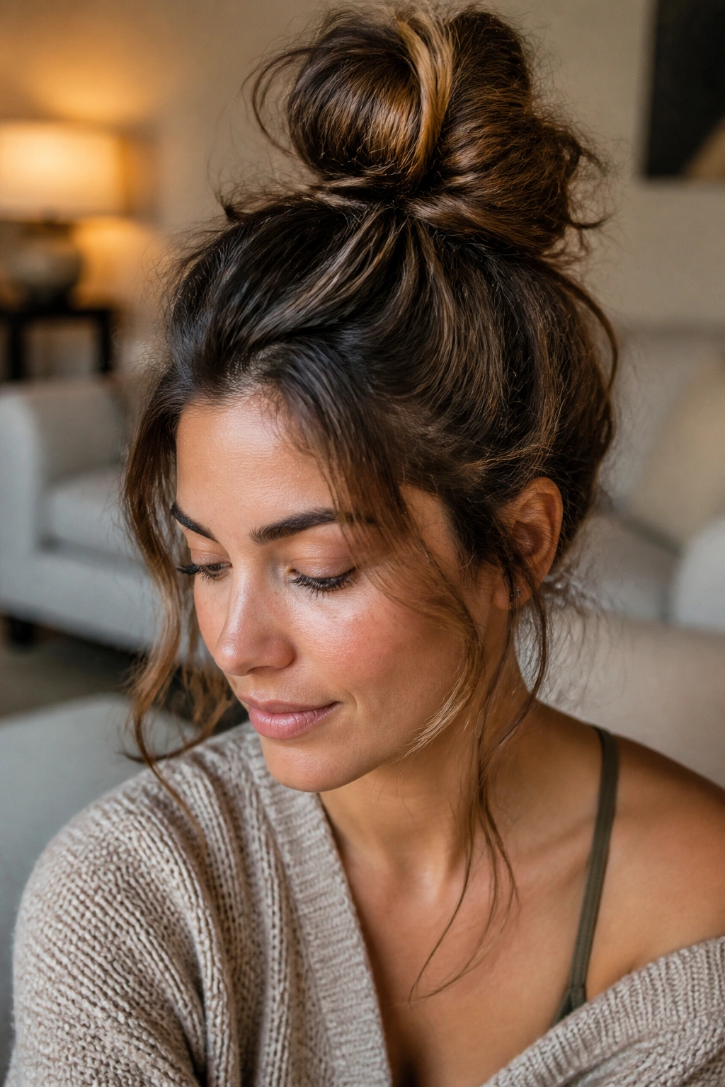Real woman with a messy top knot hairstyle