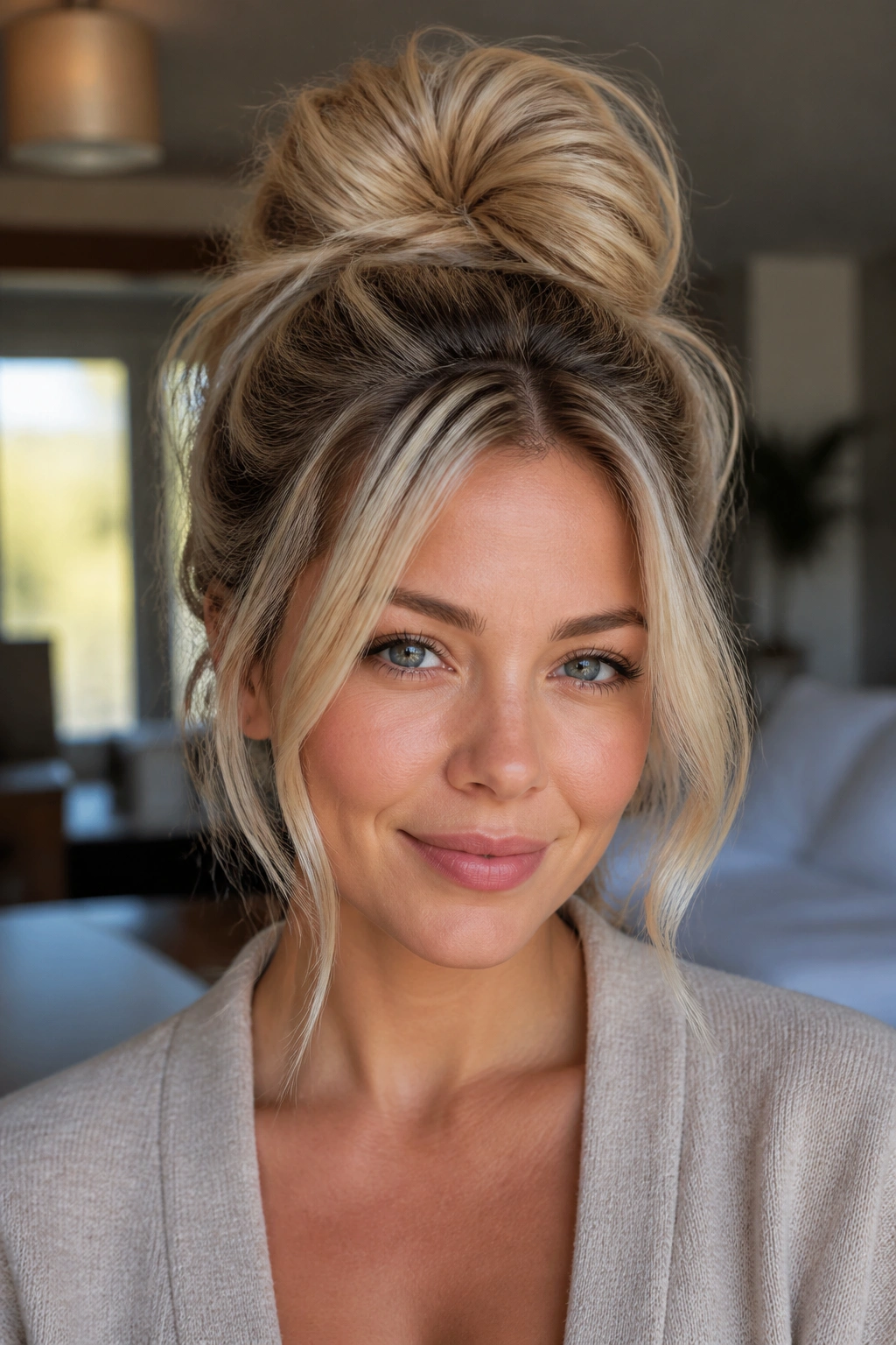 Close-up of real woman with a messy topknot and face-framing layers in blonde balayage