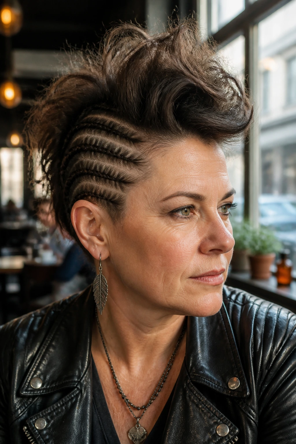Close-up of a woman with braided sides and textured top faux hawk in a cafe setting.