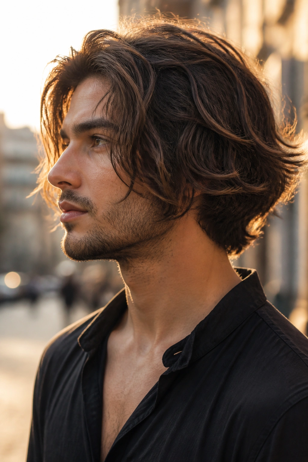 Portrait of a man with messy wavy inverted bob in golden hour outdoor setting