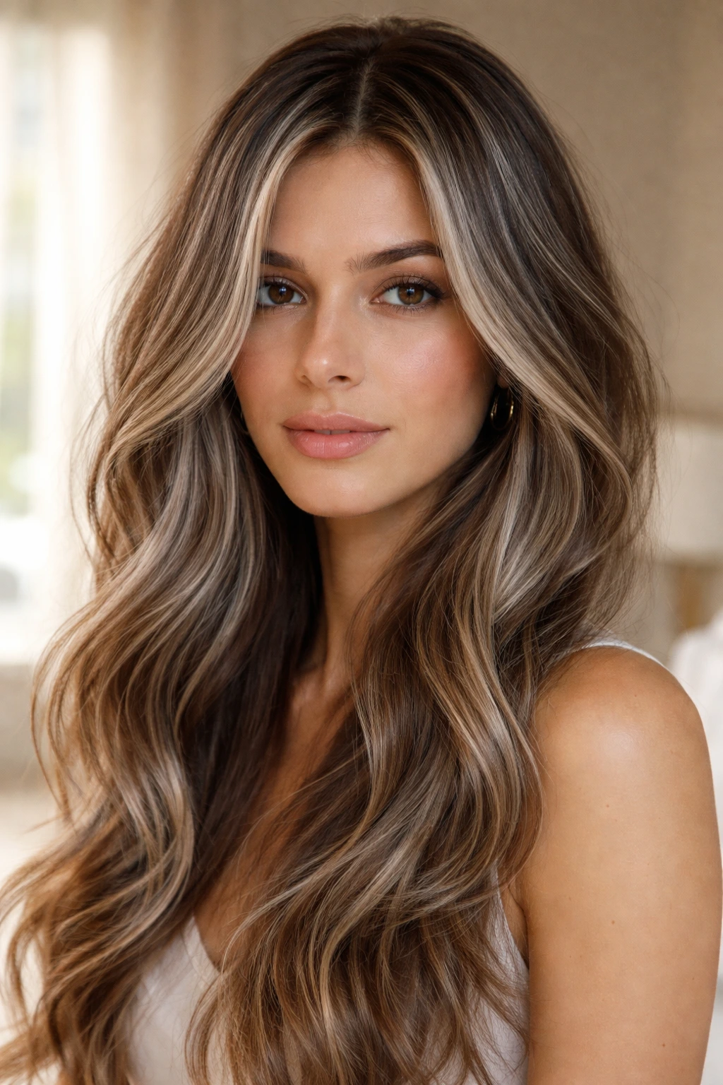 Portrait of a real woman with metallic ash babylights in fine hair under morning light